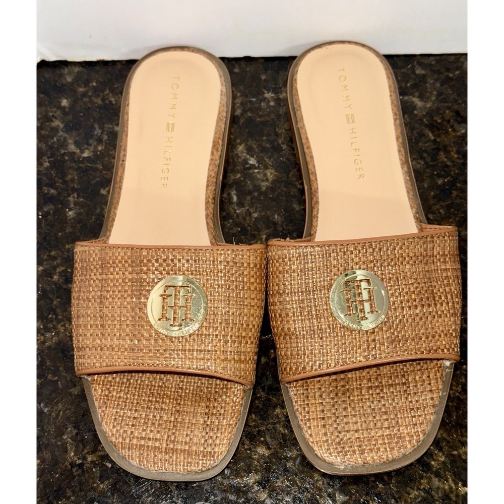 Tommy Hilfiger Women's Sz 7 Brown Woven Raffia Logo Slide Sandals Flats EUC